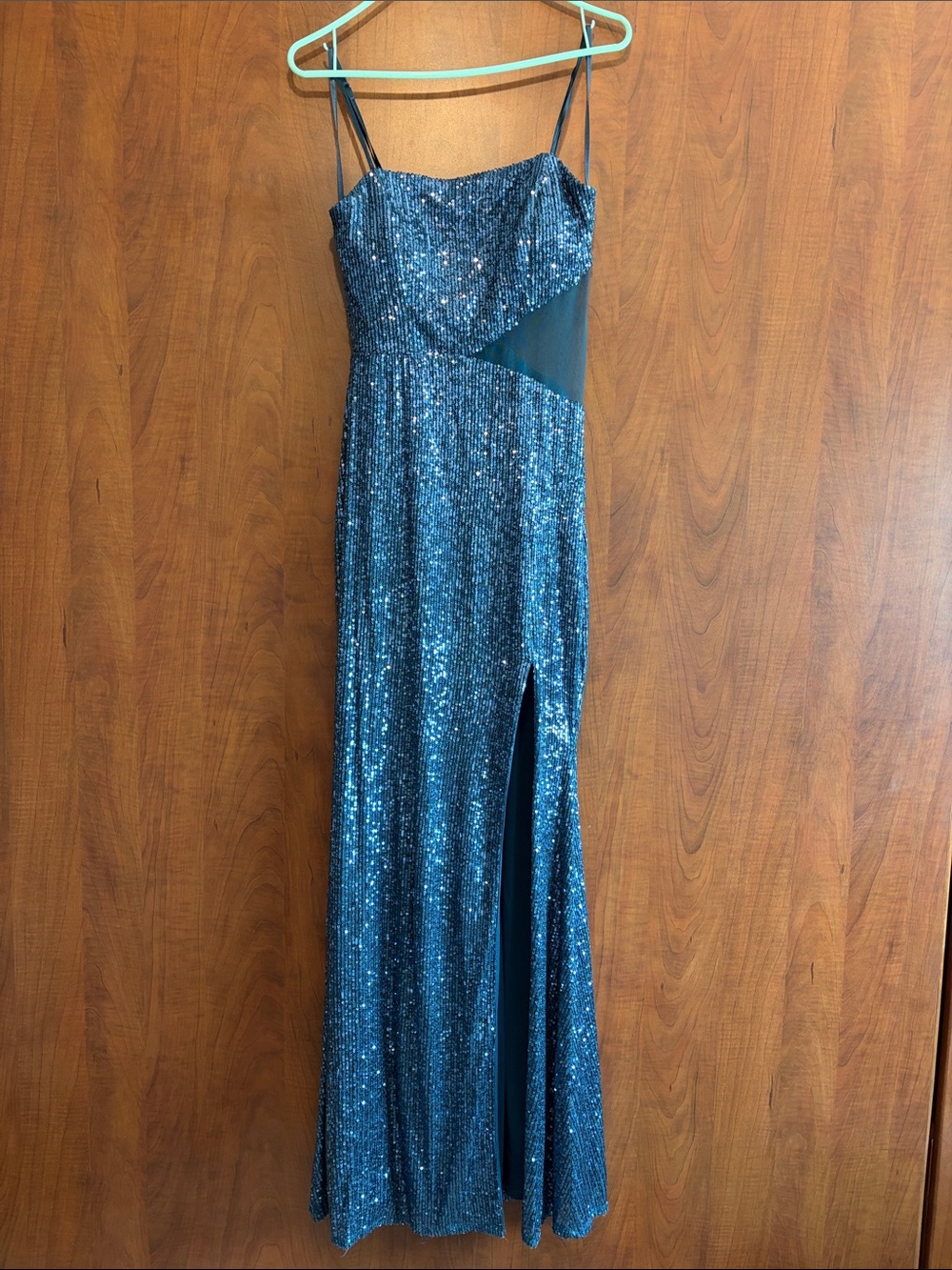 Sparkling Blue Sequin Evening Gown with Side Slit